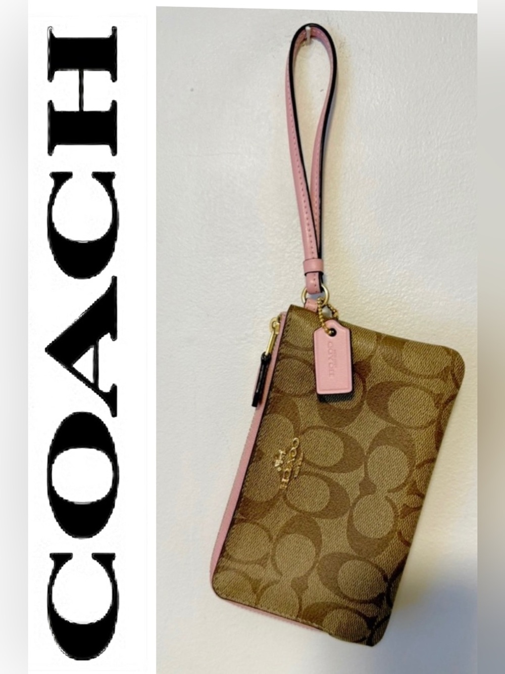 Coach Signature C Brown and Pink Wristlet